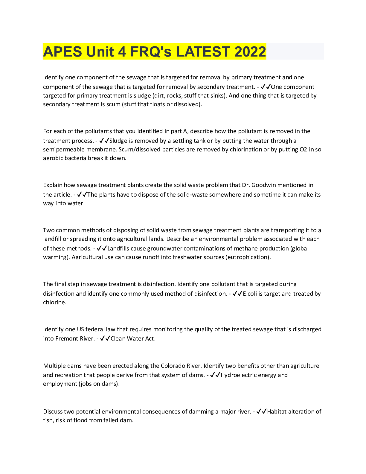 APES Unit 4 FRQ's LATEST 2022 Browsegrades